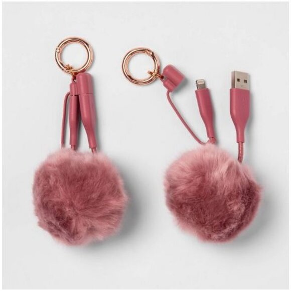 Heyday Lightning to USB-a Pom Pom Keychain Cable Dusty Pink 4in - Picture 1 of 4